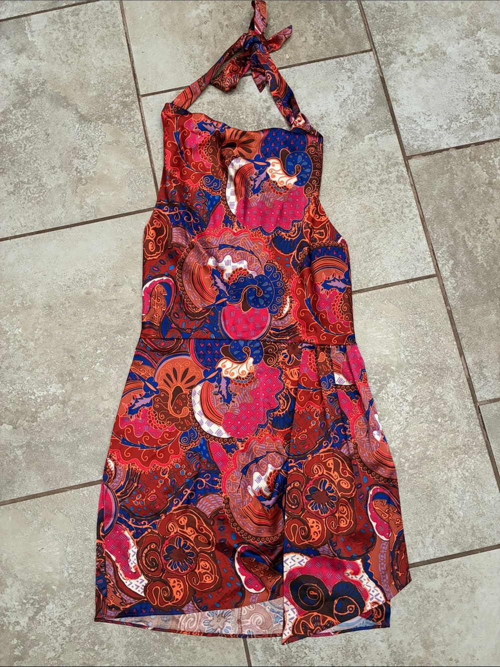 House of Harlow 1960 One-Shoulder Paisley Halter Dress in Red, Blue and Pink